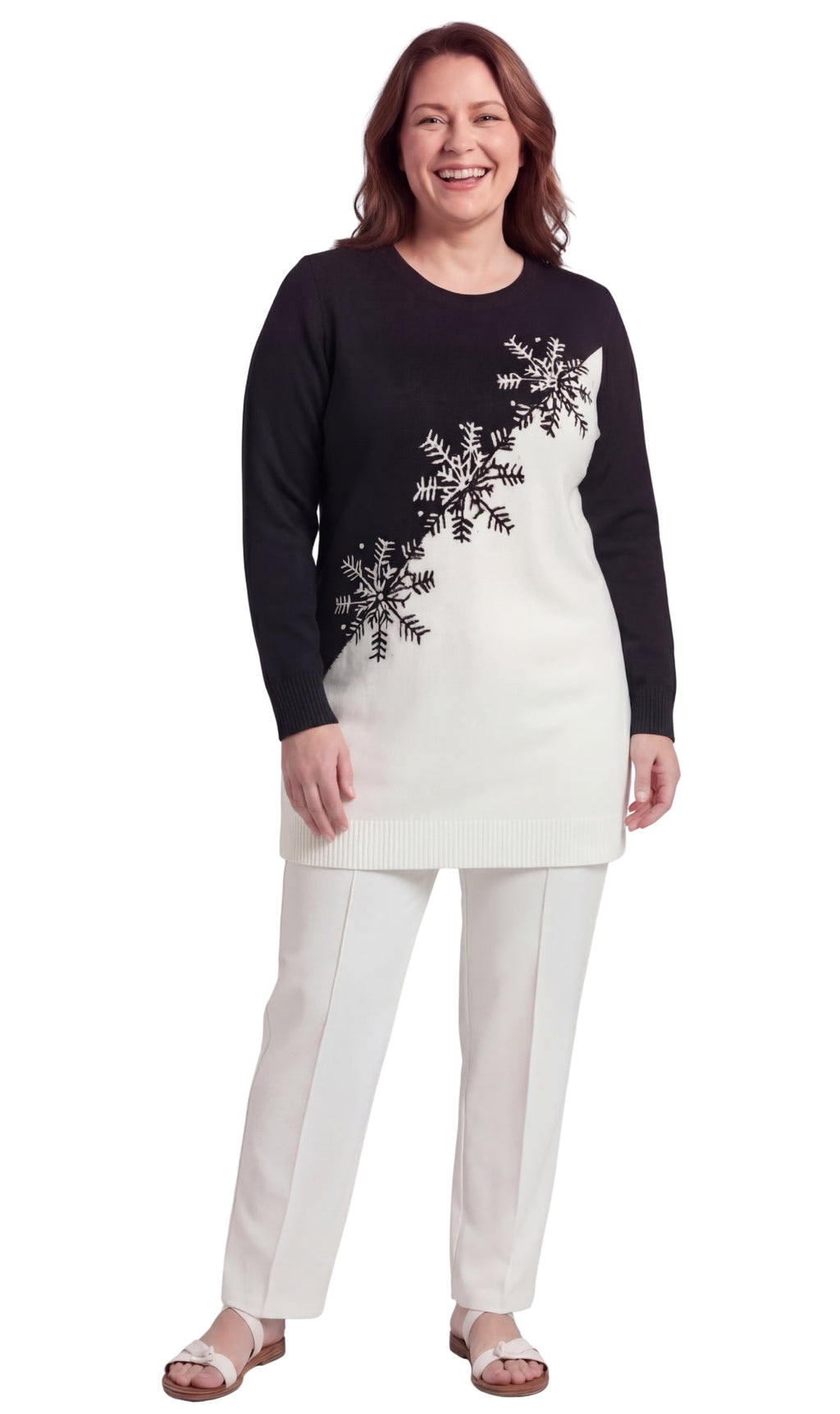 Women's Cozy Long Sleeves Snowflake-Decorated Color Block Holiday Crewneck Sweater - Classy Christmas Pullover in 100% Soft Durable Acrylic