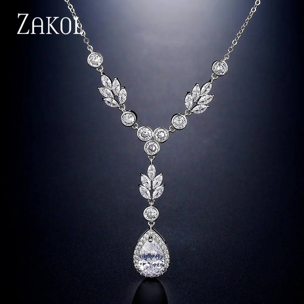 Marquise Cut Cubic Zircon Leaf Bridal Necklace & Earrings