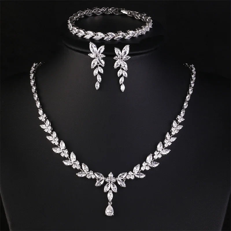 Brilliant Zirconia Leaf Necklace, Earrings & Bracelet Set