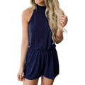 Women's Summer Halter Neck Elastic Waist Solid Color Shorts Jumpsuit Rompers with Pockets