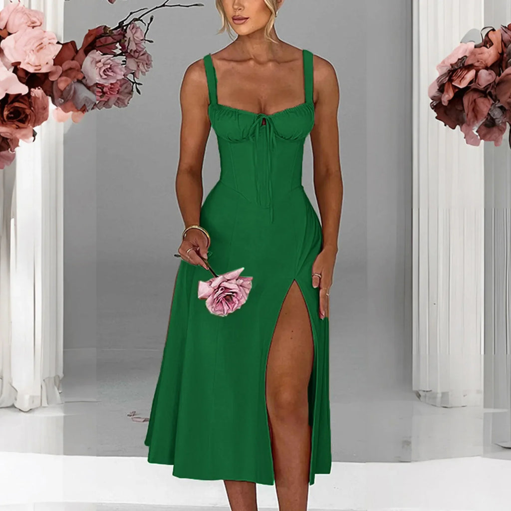 Square Neck Lace Up Corset Midi Dress