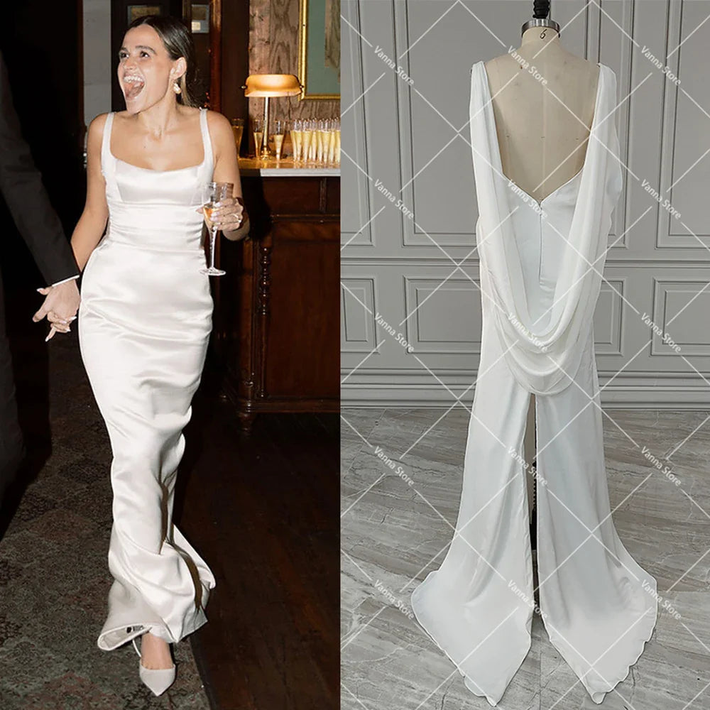 Belle Open Back Draped Satin Sheath Wedding Gown